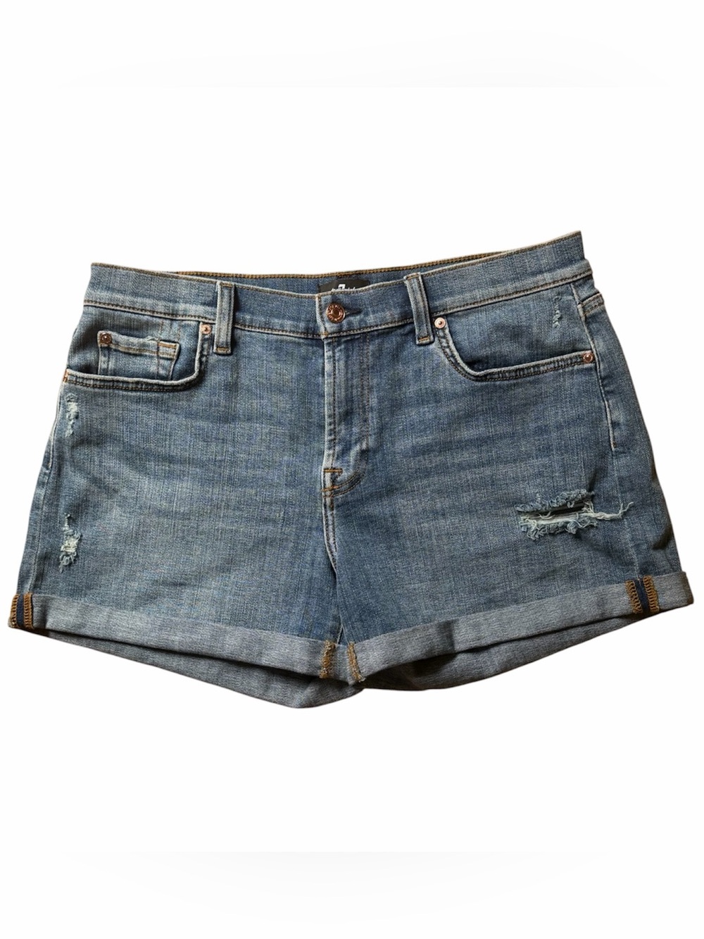7 For All Mankind Mid Roll Distressed Denim Blue Jean Shorts size 31 MSRP $168 - Picture 1 of 11
